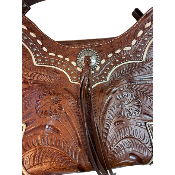 American West Brown Tooled Leather Shoulder Bag With Dust Bag - Picture 2 of 13